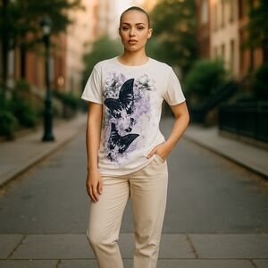 Hybrid Ladies Tee Top Shirt White Butterflies Size XL NWT